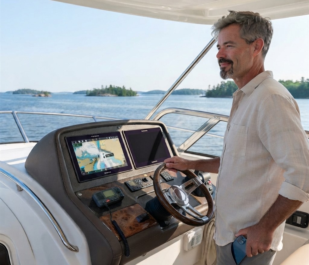 The same boater standing at the helm with a hand on the wheel, phone down at his side and his eyes on the water ahead
