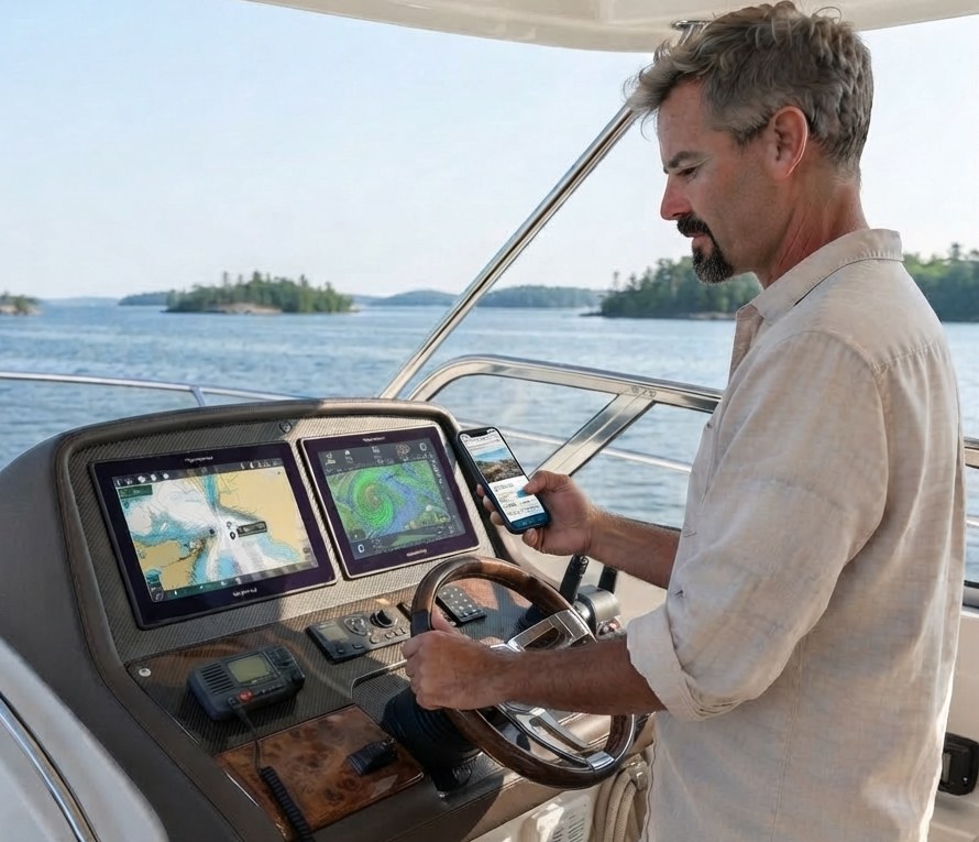 A boater at the helm looking down at his phone, with a chartplotter and a second lit screen beside him and one hand still on the wheel
